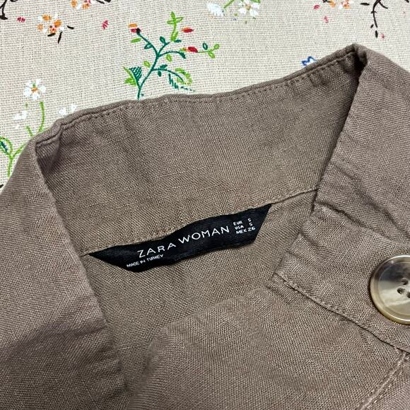 Zara Mock Neck Linen Blend Tunic Blouse Olive Brown Small Oversized Long Sleeve - Picture 5 of 5